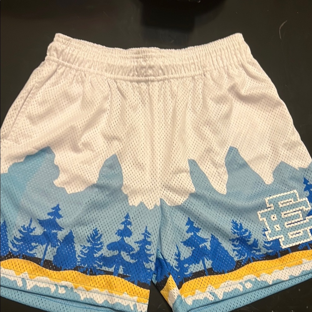 Eric Emanuel White and Blue Athletic Shorts with Mountain Design